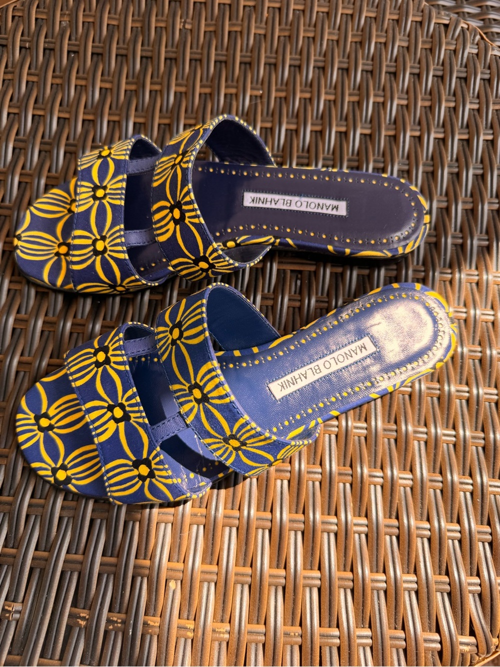 Manolo Blahnik Navy & Yellow Floral Slide Sandals